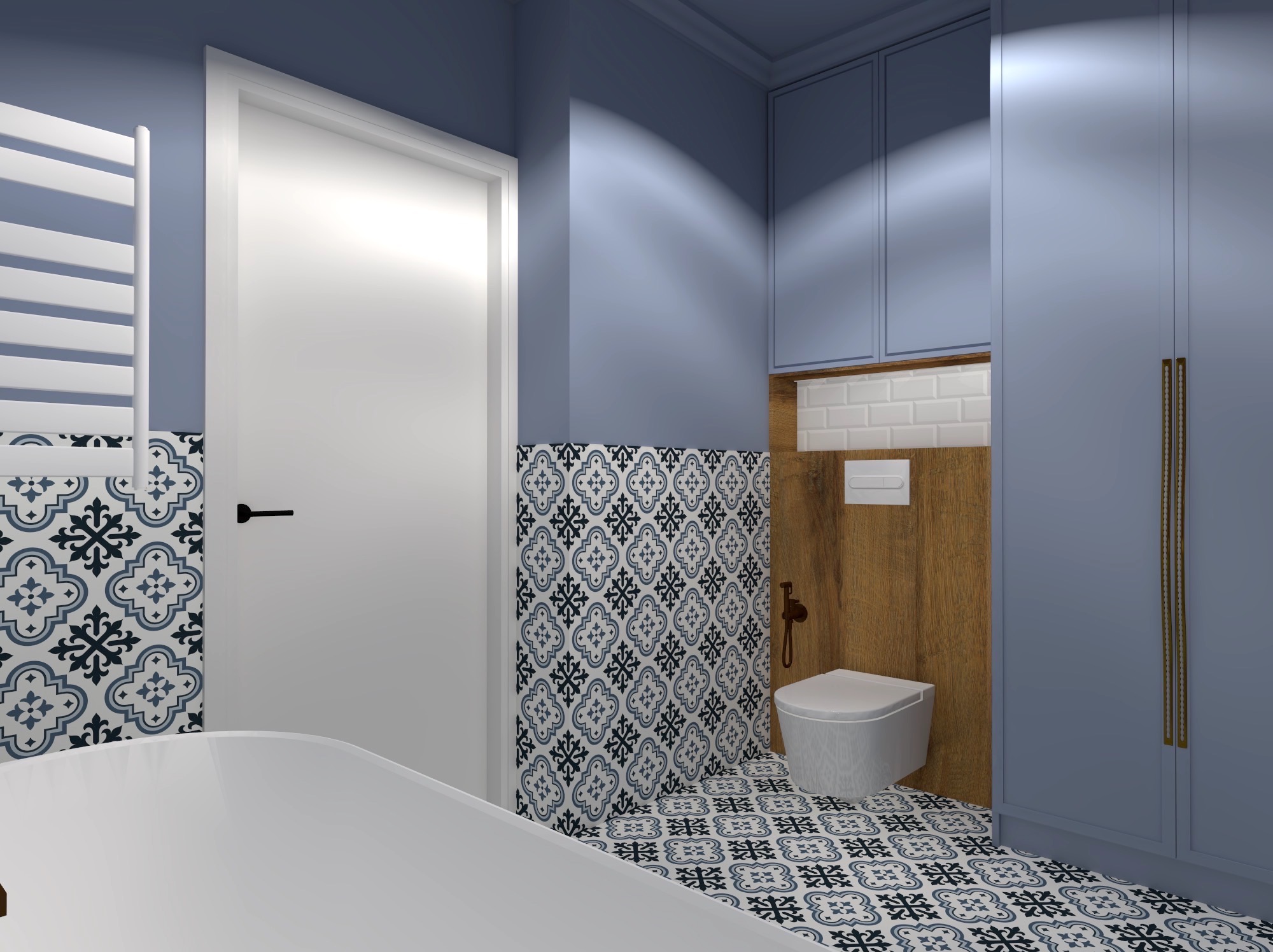 Niebieska łazienka z wzorzystymi płytkami, białą wanną i toaletą pod zabudowę. Szafki w kolorze ścian, drewniane akcenty i grzejnik drabinkowy.