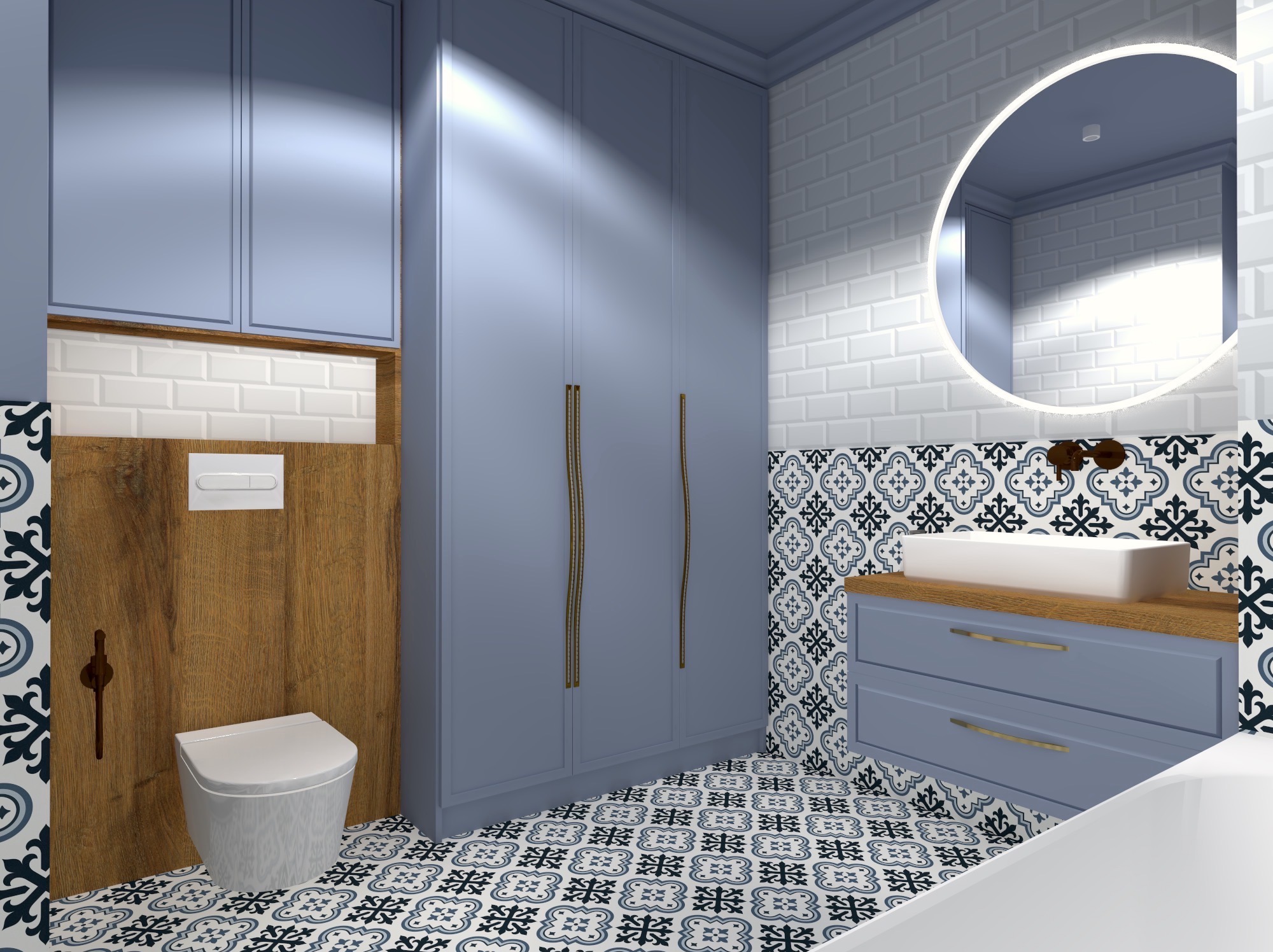Niebieska łazienka z wzorzystą podłogą i ścianami. Umywalka na drewnianym blacie, podświetlane lustro, wisząca toaleta i szafa w zabudowie.