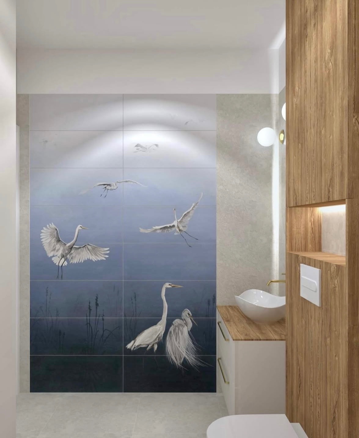 Nowoczesna łazienka z płytkami z motywem ptaków, drewnianą szafką i umywalką nablatową. Minimalistyczne oświetlenie i jasna kolorystyka tworzą spójną całość.