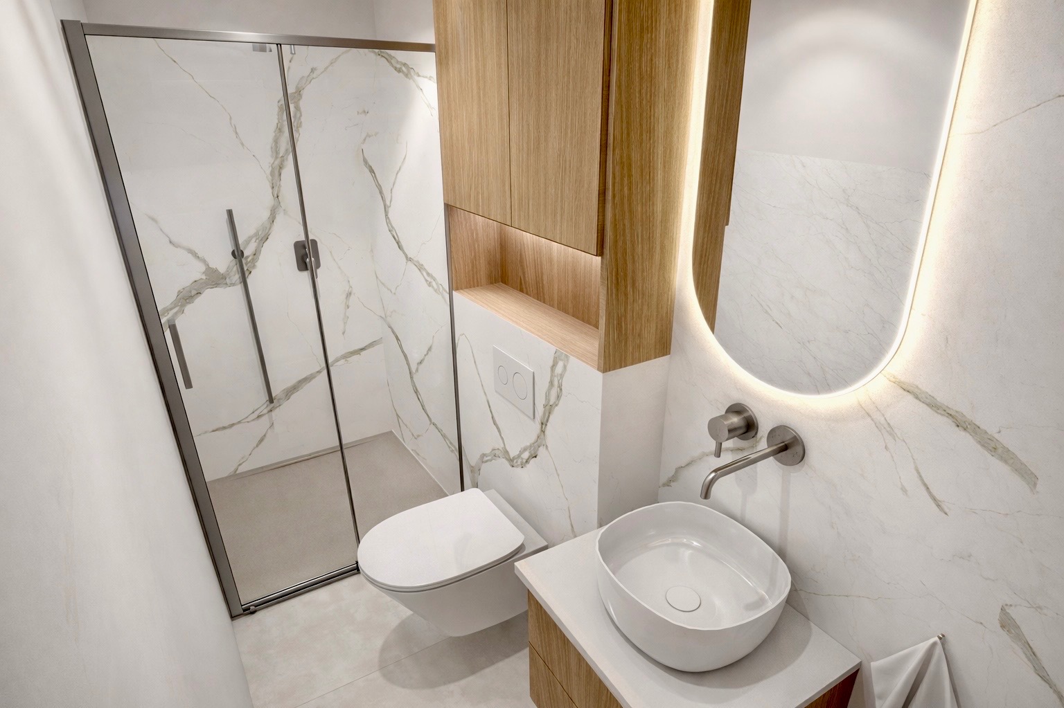 Nowoczesna łazienka z kabiną prysznicową, umywalką nablatową i podświetlanym lustrem. Marmurowe płytki na ścianach i drewniane szafki dodają elegancji.