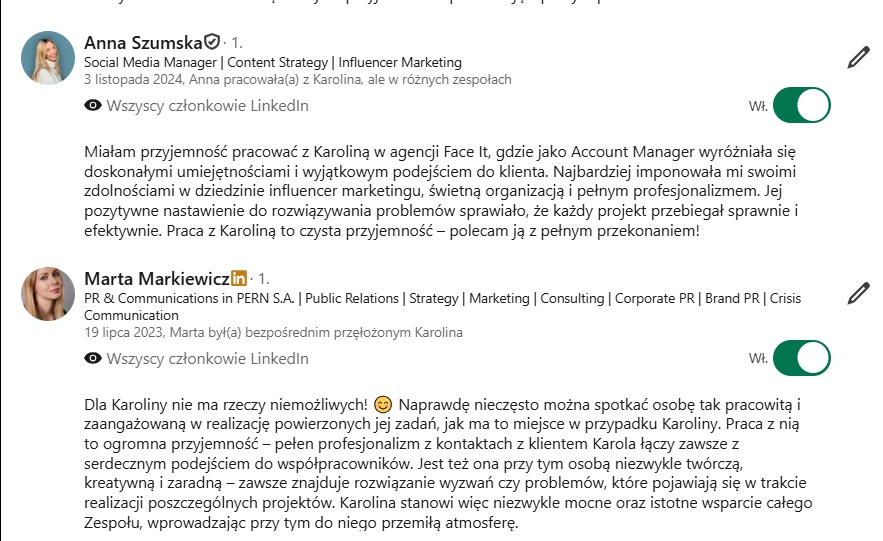 Zrzut ekranu z rekomendacjami na LinkedIn dla Karoliny, podkreślający jej umiejętności w influencer marketingu i profesjonalizm w agencji Face It oraz PERN S.A.