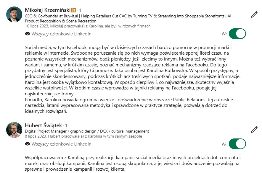 Referencje z LinkedIn od Mikołaja Krzemińskiego i Huberta Świątka dla Karoliny Rutkowskiej, specjalistki od reklamy na Facebooku i Public Relations.