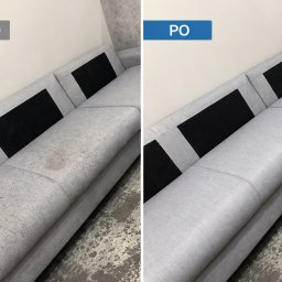 BW Perfect Wash - Szara kanapa narożna: widok przed i po czyszczeniu. Po lewej widoczne plamy, po prawej czysta tapicerka. Kontrastowe czarne wstawki na oparciu.