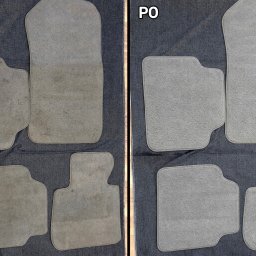 BW Perfect Wash - Dywaniki samochodowe: zestaw 'przed' z widocznymi zabrudzeniami i 'po' czyszczeniu, prezentujące odświeżony, jednolity kolor i usunięte plamy na szarym tle.