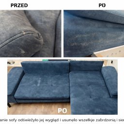 BW Perfect Wash - Sofa narożna w odcieniach niebieskiego, prezentująca efekt prania tapicerki: widoczne różnice w czystości i wyglądzie przed i po zabiegu, z bliska i w całości.