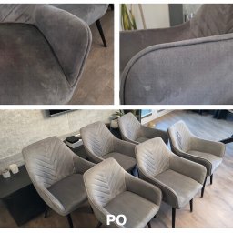 BW Perfect Wash - Kolaż: fotel tapicerowany przed czyszczeniem (plamy) i po, z napisem 'PO'. Szereg krzeseł z szarej tkaniny w salonie, po usłudze czyszczenia tapicerki.