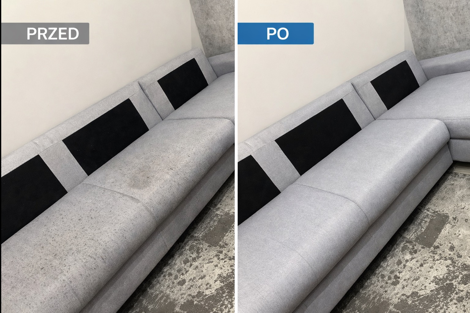 Szara kanapa narożna: widok przed i po czyszczeniu. Po lewej widoczne plamy, po prawej czysta tapicerka. Kontrastowe czarne wstawki na oparciu.