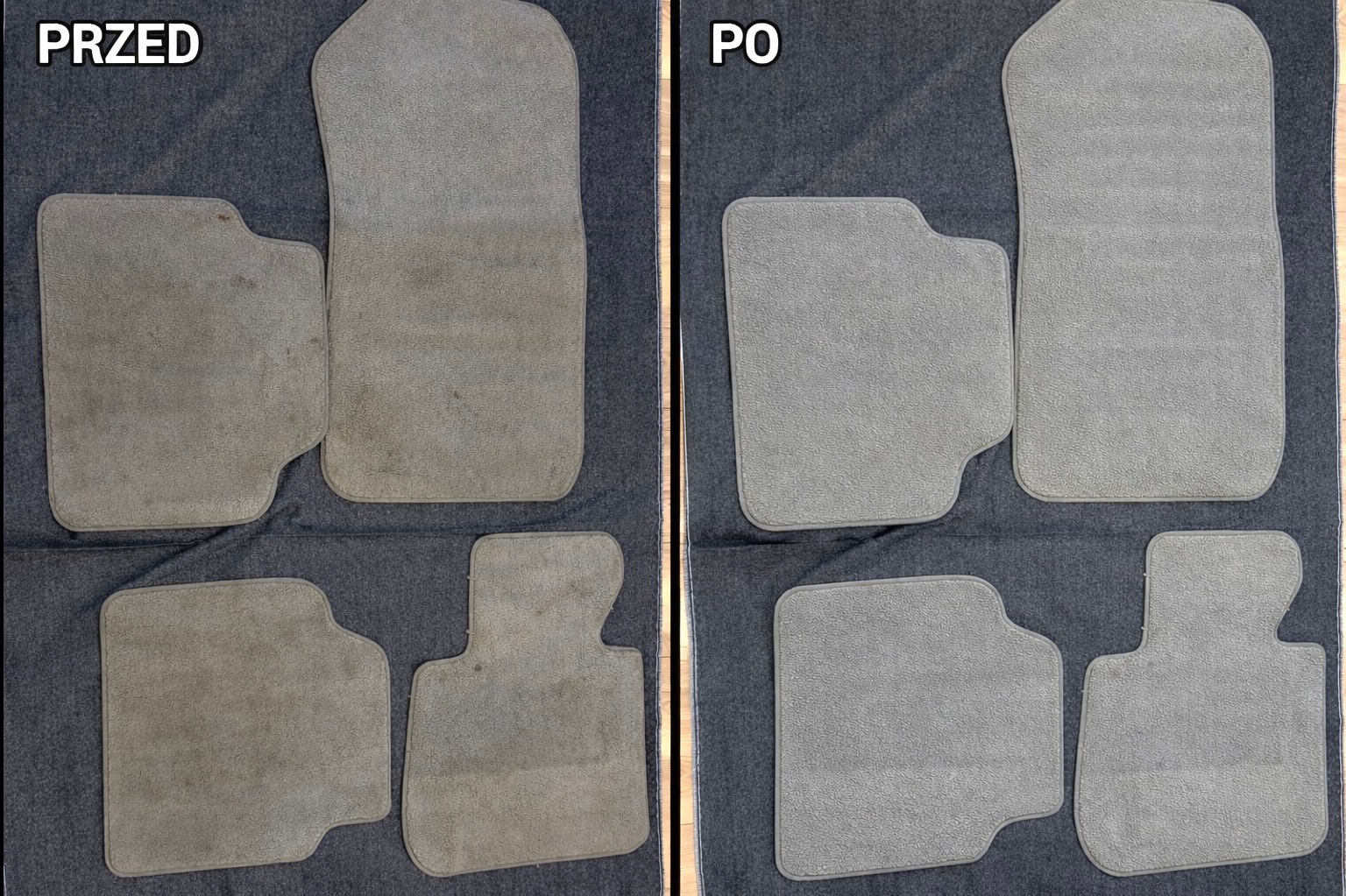 Dywaniki samochodowe: zestaw 'przed' z widocznymi zabrudzeniami i 'po' czyszczeniu, prezentujące odświeżony, jednolity kolor i usunięte plamy na szarym tle.