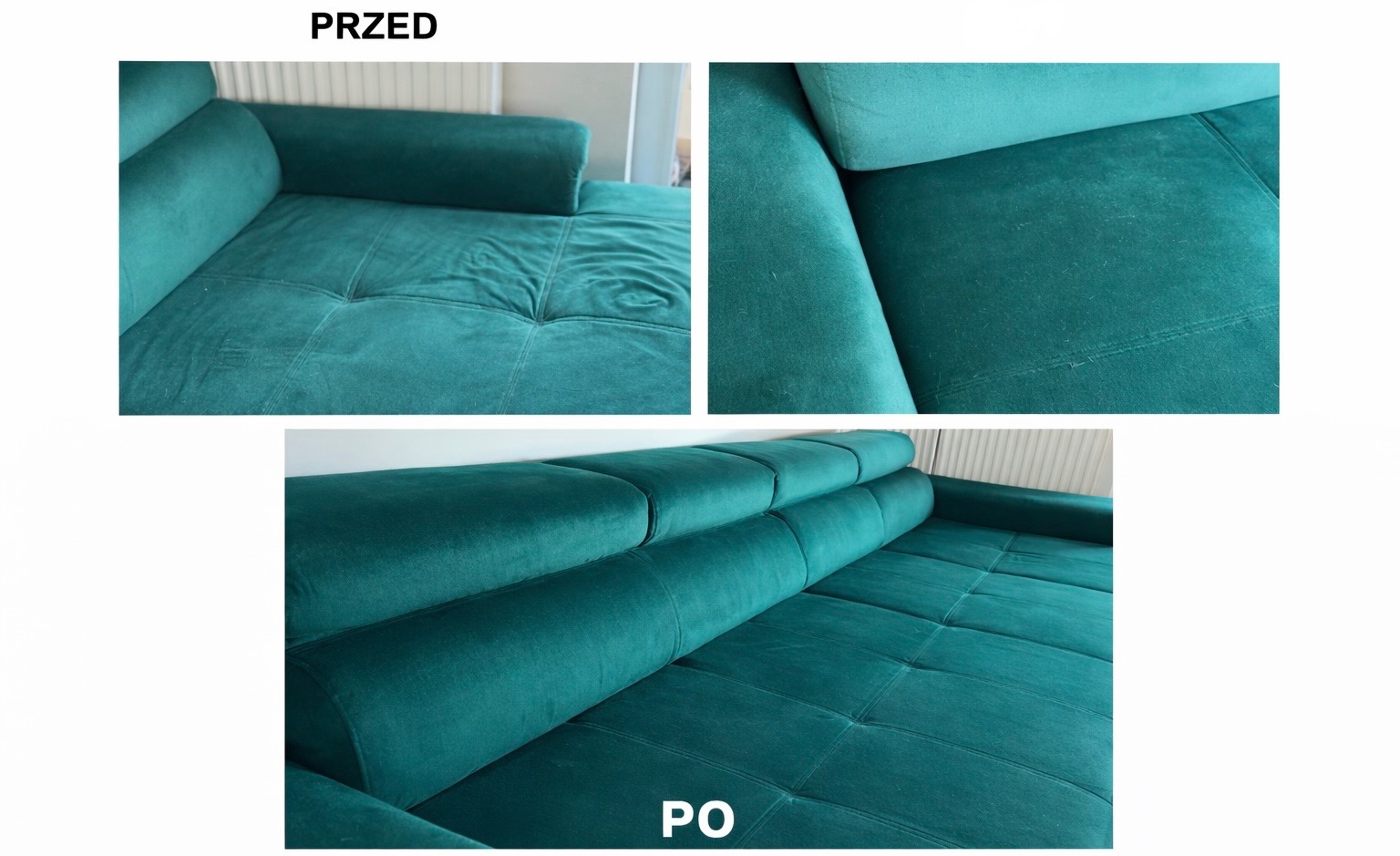 Szmaragdowa kanapa modułowa: góra - detale przed czyszczeniem, dół - efekt po. Widoczne odświeżenie koloru i usunięcie zabrudzeń na welurowej tapicerce.