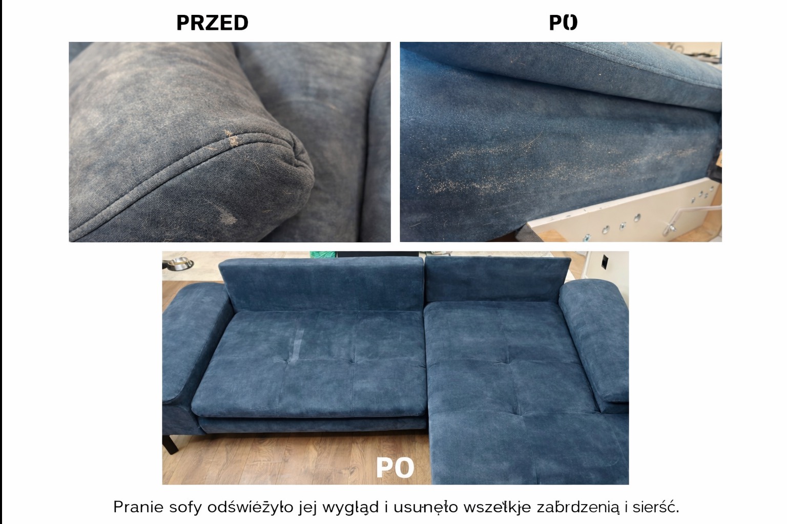 Sofa narożna w odcieniach niebieskiego, prezentująca efekt prania tapicerki: widoczne różnice w czystości i wyglądzie przed i po zabiegu, z bliska i w całości.