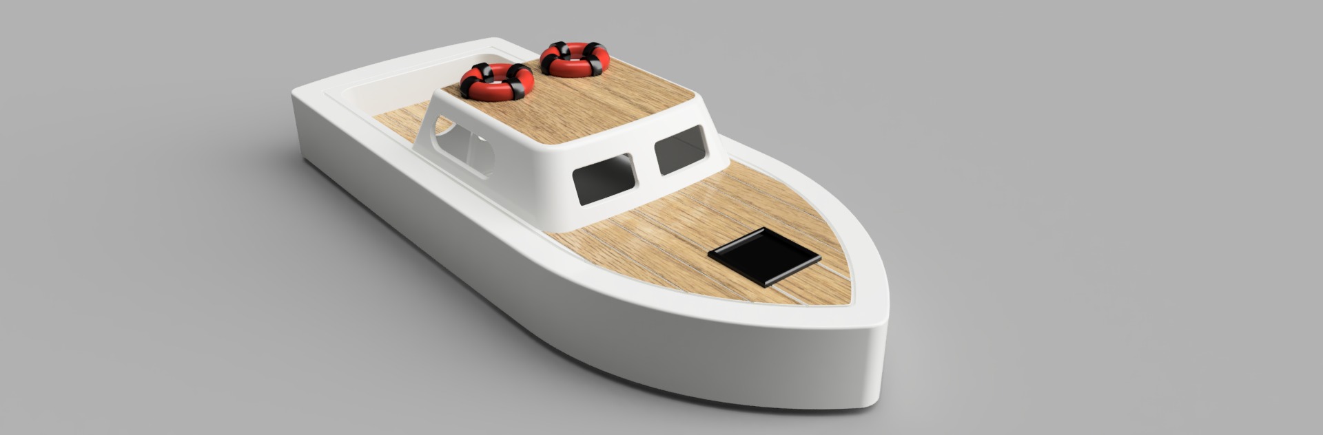 Model 3D łodzi z drewnianym pokładem i dwoma czerwonymi kołami ratunkowymi, na szarym tle. Widok z góry, lekko z boku.
