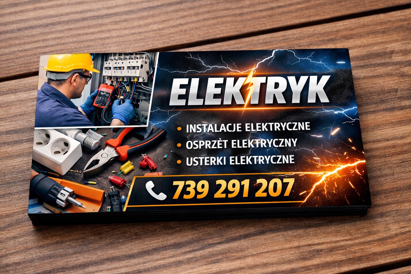 Kreatywna wizytówka elektryka z motywem błyskawic, prezentująca usługi: instalacje, osprzęt i usuwanie usterek. Widoczny elektryk przy pracy i narzędzia.