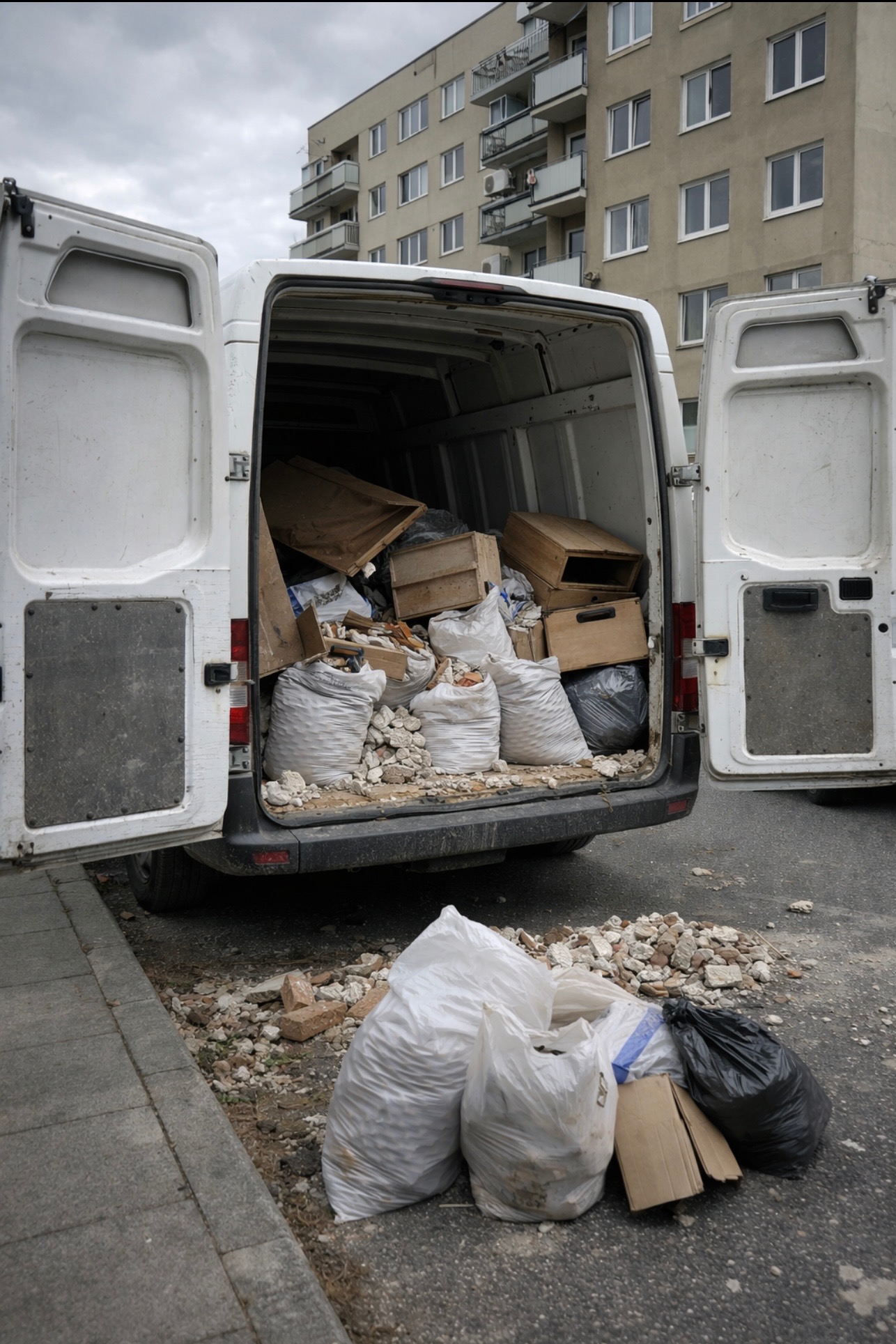 Załadunek gruzu i odpadów w busie w Żorach. Otwarty bagażnik wypełniony workami i skrzyniami. Część odpadów leży na chodniku obok pojazdu. Transport pozostałości po remoncie.