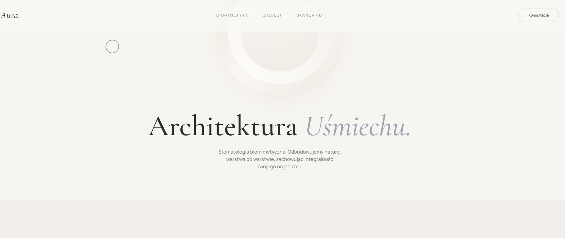 Minimalistyczny design strony internetowej kliniki stomatologicznej z hasłem 'Architektura Uśmiechu' i menu z zakładką 'Konsultacja'.