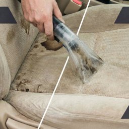 Roztocze Clean pro - Czyszczenie tapicerki samochodowej metodą ekstrakcyjną. Widok 'przed i po' z użyciem odkurzacza piorącego na beżowym fotelu samochodowym z widocznymi plamami.