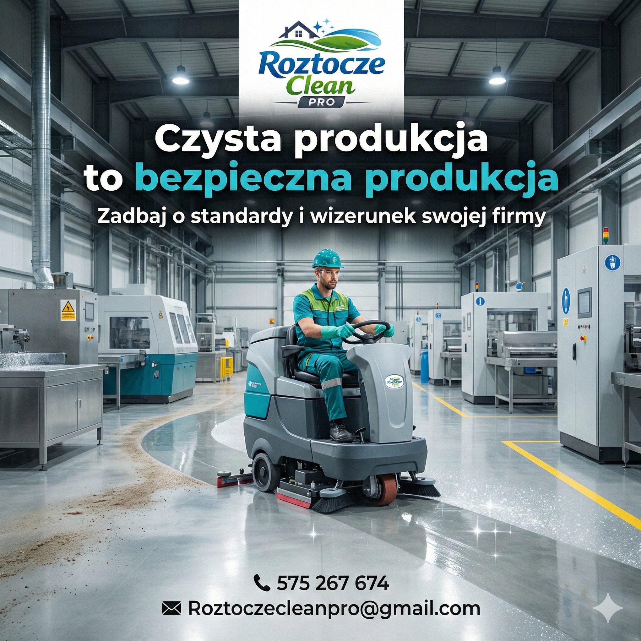 Operator na maszynie czyszczącej myje posadzkę w hali produkcyjnej. Widoczny efekt czyszczenia i logo firmy Roztocze Clean Pro.