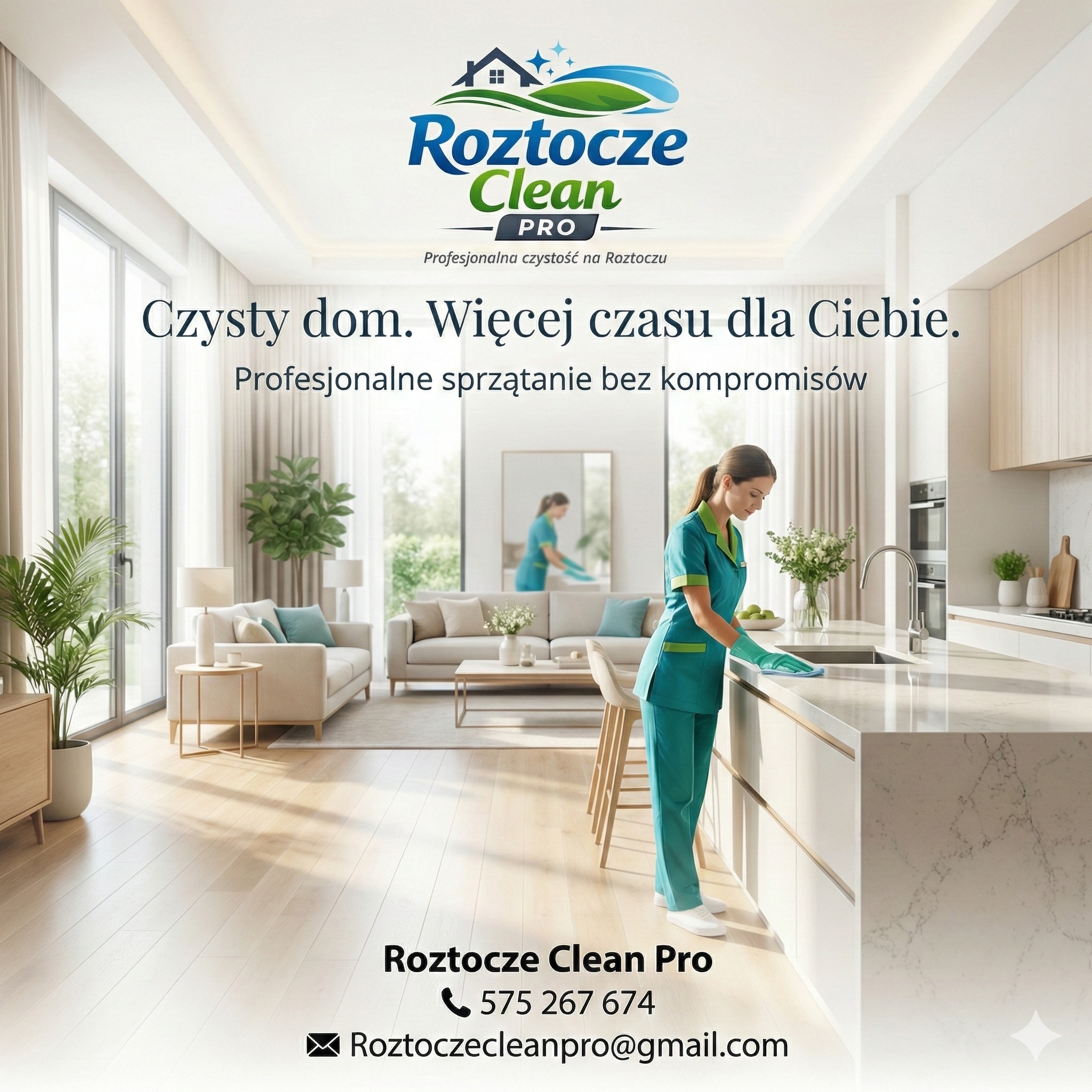 Profesjonalne sprzątanie: kobieta w uniformie czyści blat w jasnej kuchni. W tle salon z sofą i roślinami. Logo firmy sprzątającej w górnej części zdjęcia.