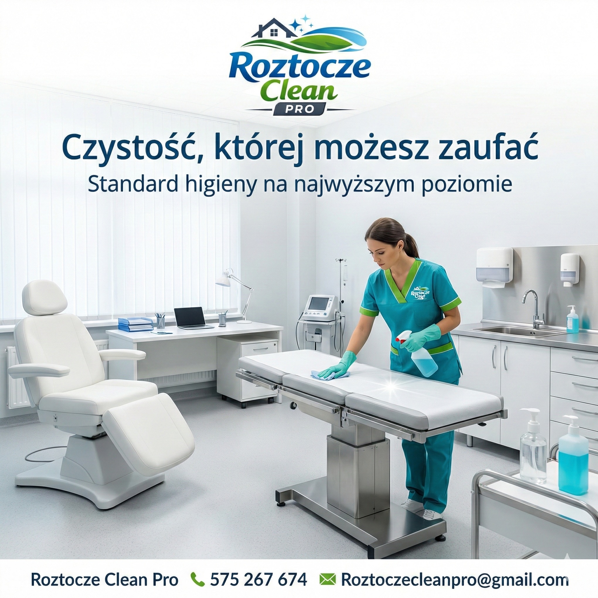 Pracownica w uniformie dezynfekuje leżankę medyczną w sterylnym gabinecie, używając środka w sprayu i ściereczki. W tle sprzęt medyczny i meble.