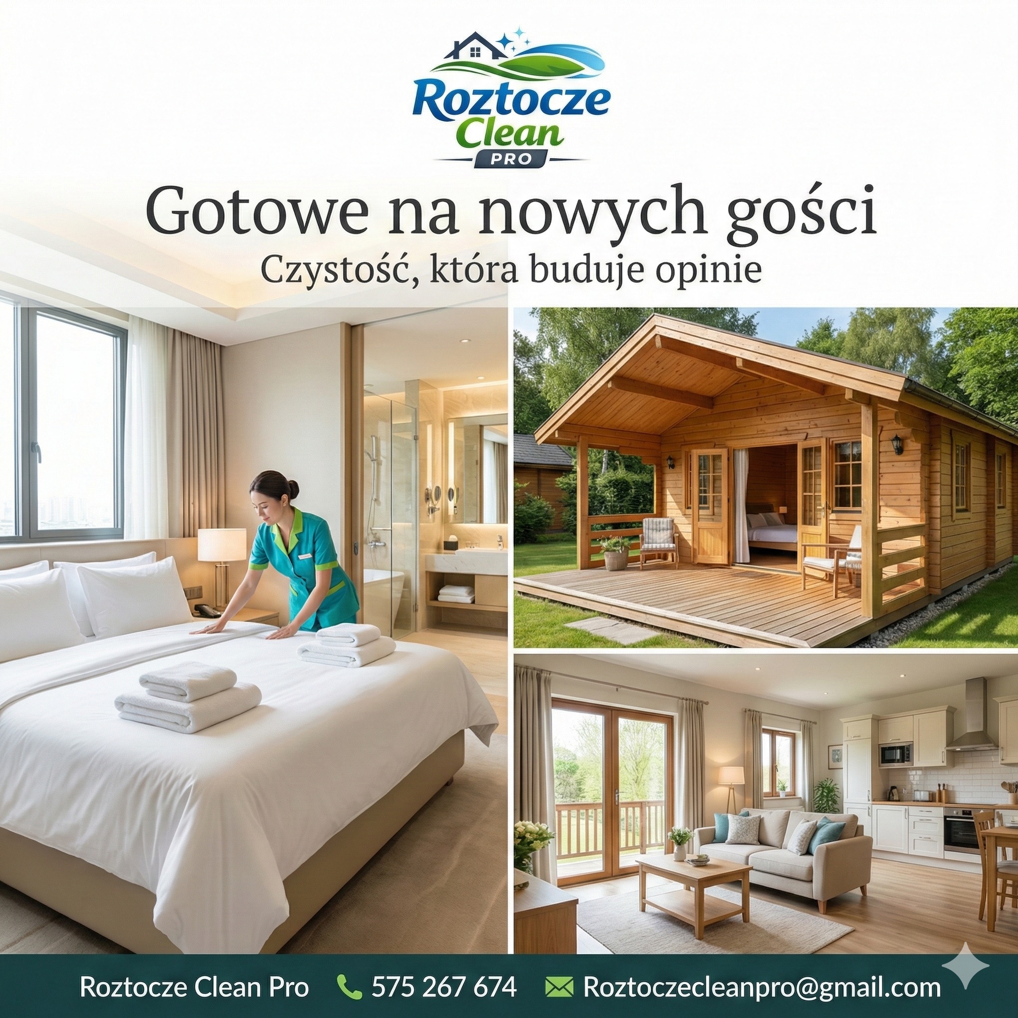 Kolaż: pokój hotelowy z obsługą układającą pościel, drewniany domek letniskowy z tarasem i salon z aneksem kuchennym. Czystość i gotowość na gości.