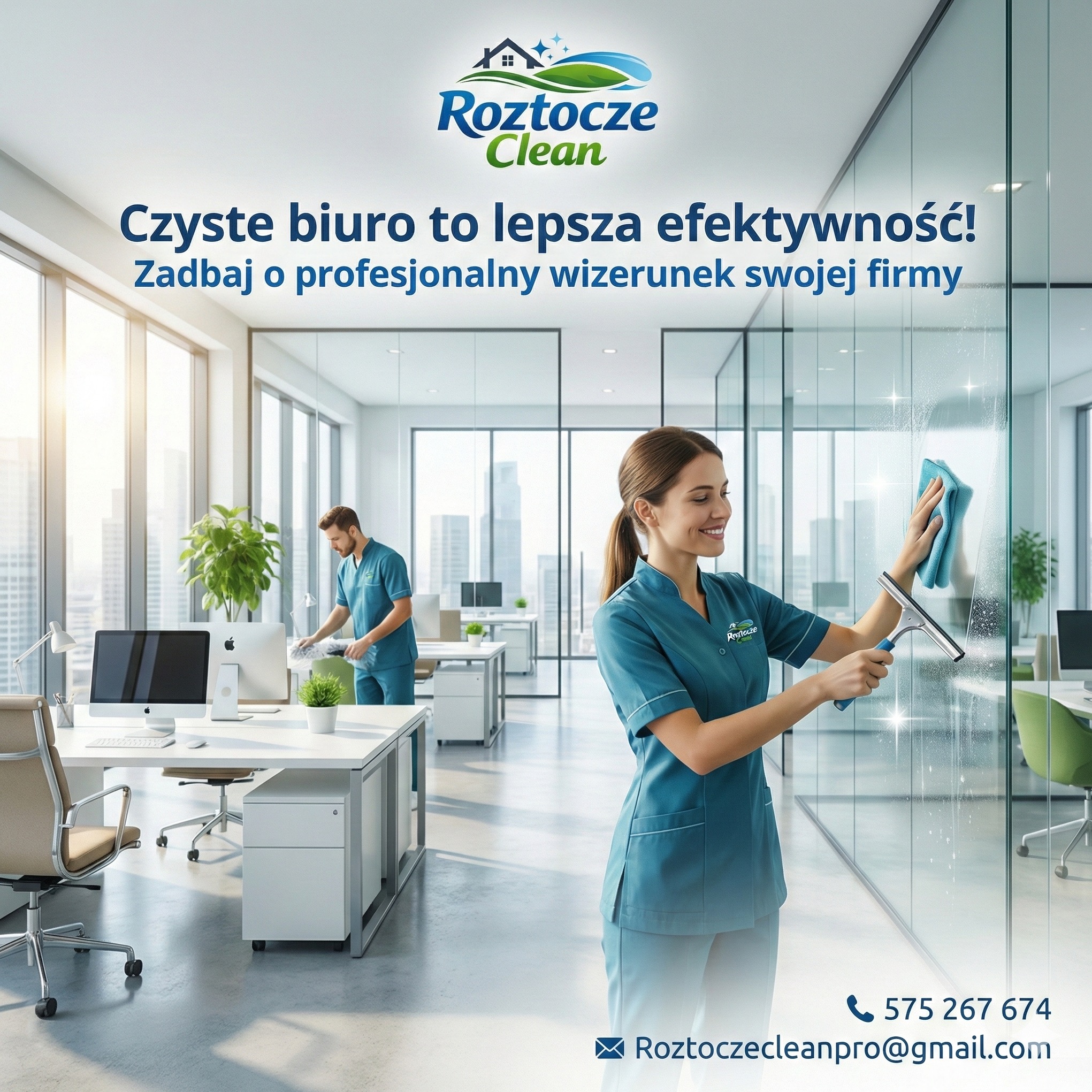 Uśmiechnięta kobieta w uniformie czyści szklaną ścianę w biurze, w tle mężczyzna sprząta biurko. Widoczne logo firmy Roztocze Clean i dane kontaktowe.