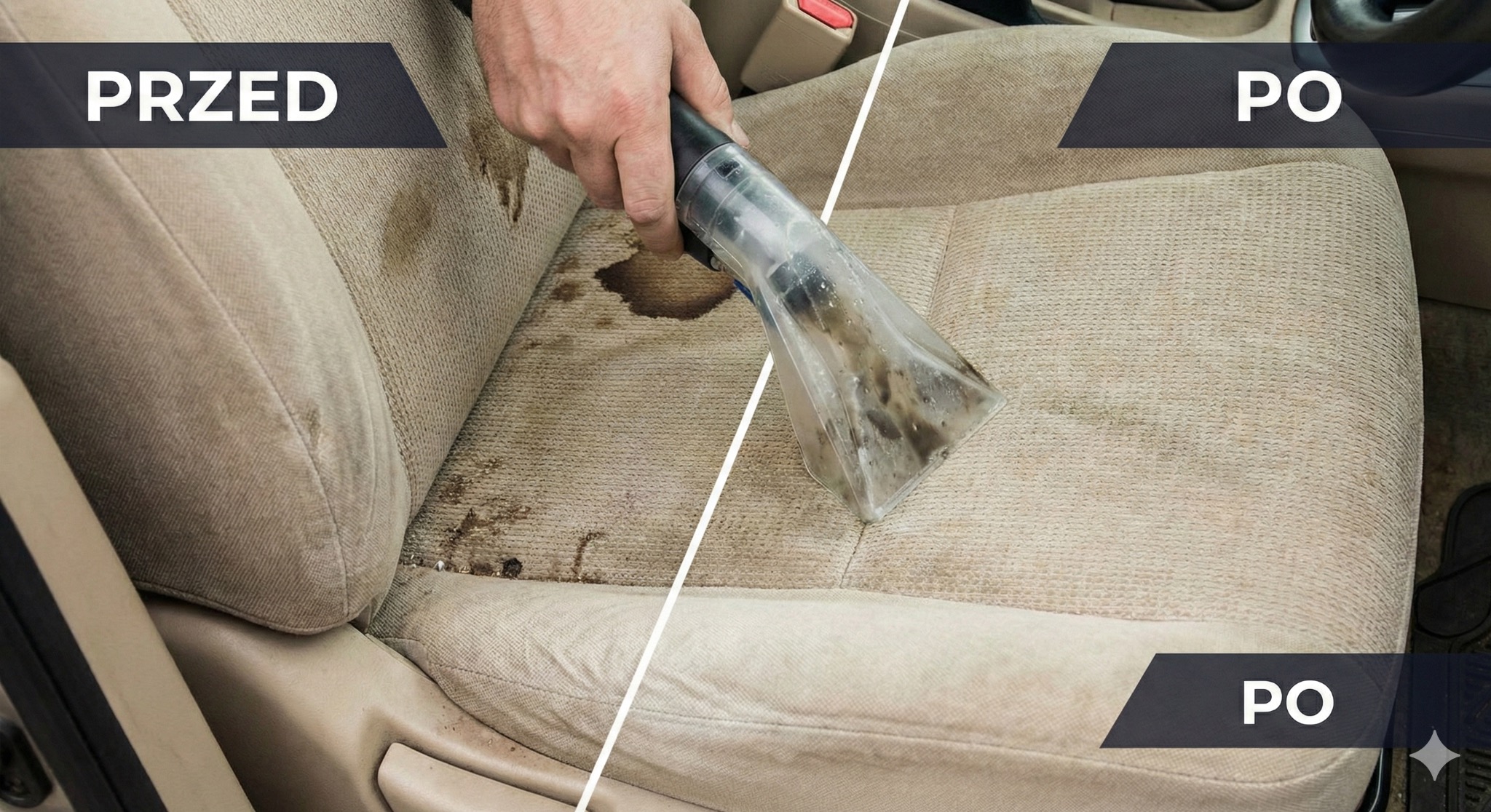 Czyszczenie tapicerki samochodowej metodą ekstrakcyjną. Widok 'przed i po' z użyciem odkurzacza piorącego na beżowym fotelu samochodowym z widocznymi plamami.