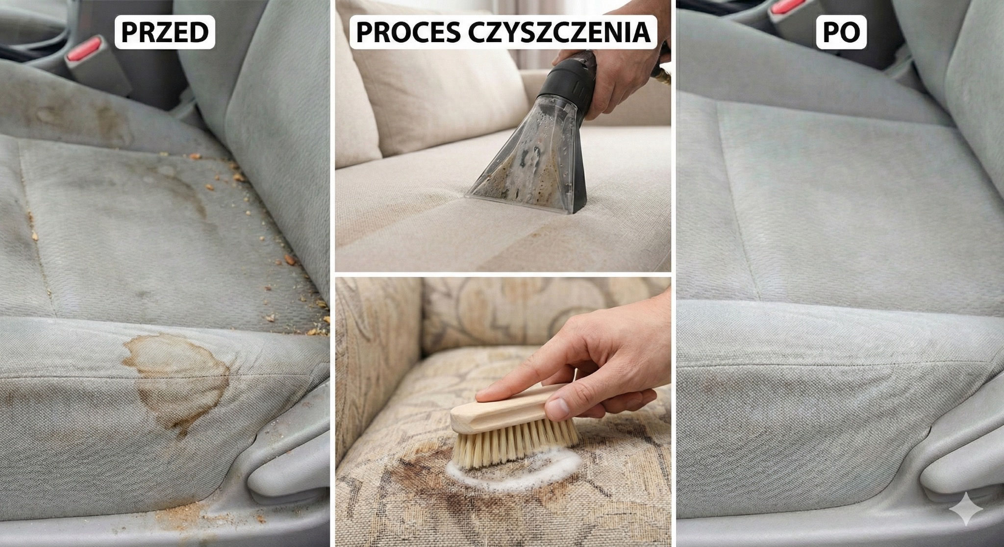 Tapicerka samochodowa i kanapa: etap przed, w trakcie czyszczenia i po. Widoczne plamy usunięte, czysta powierzchnia. Prezentacja efektu prania.
