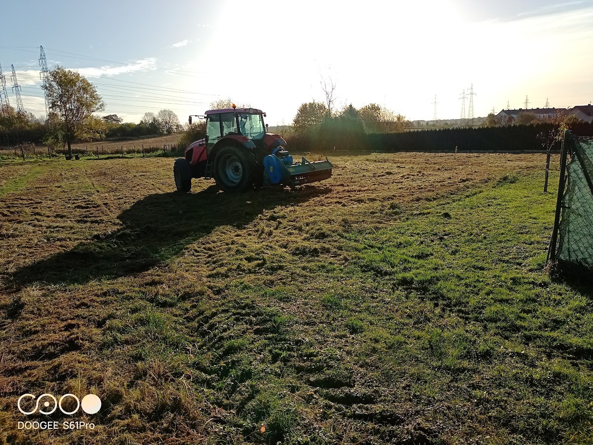 Czerwony traktor z glebogryzarką na polu w słoneczny dzień. Częściowo skoszona trawa, w tle słupy wysokiego napięcia i drzewa.
