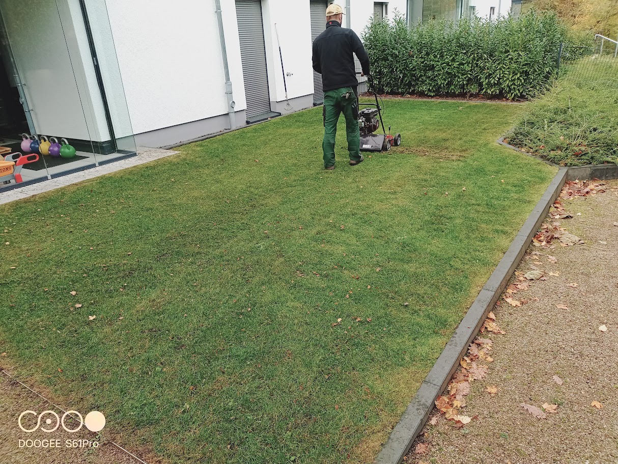 Mężczyzna w ogrodzie kosiarką spalinową na trawniku przy budynku. Widoczne krzewy, kostka brukowa i liście. Częściowo skoszona trawa.