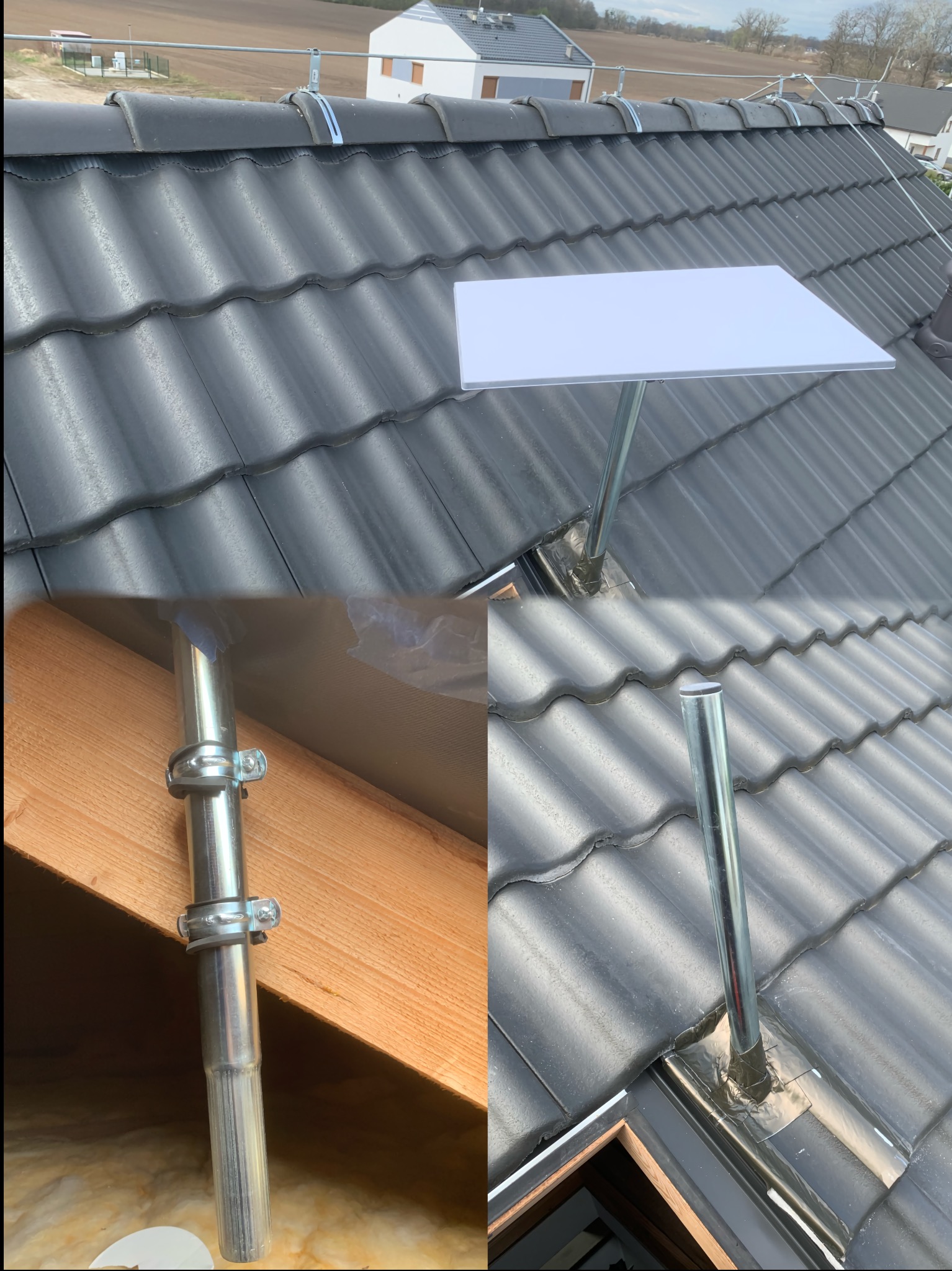 Antena satelitarna zamontowana na dachu z czarnej dachówki, widok z góry. Metalowe mocowania i maszt anteny. Ujęcie z bliska na detale instalacji.