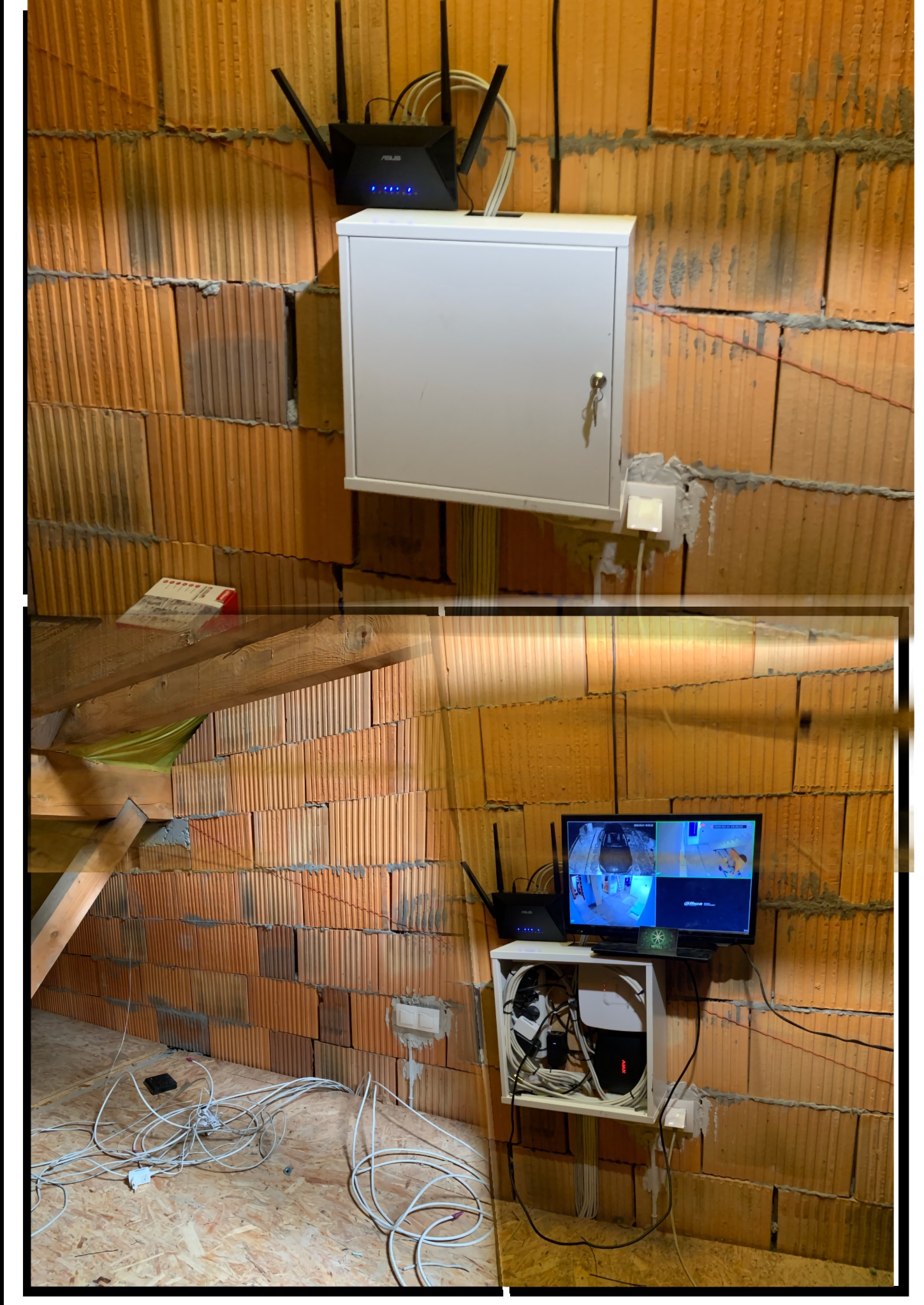 Instalacja monitoringu w surowym wnętrzu: router ASUS, biała szafka z kluczem, monitor z podglądem z kamer. Widoczne kable i ceglana ściana.