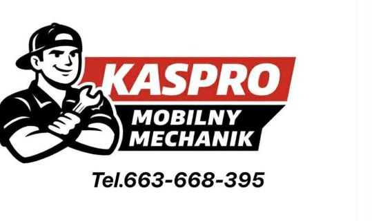 Czarno-biała grafika z uśmiechniętym mężczyzną w czapce trzymającym klucz, obok czerwony napis 'KASPRO MOBILNY' i numer telefonu na białym tle.