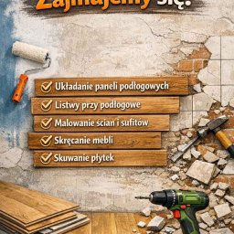 Amelia Szuba - Remont mieszkania: układanie paneli, listew, malowanie ścian, skręcanie mebli, skuwanie płytek. Widoczne narzędzia: wiertarka, młotek, poziomica, panele podłogowe.