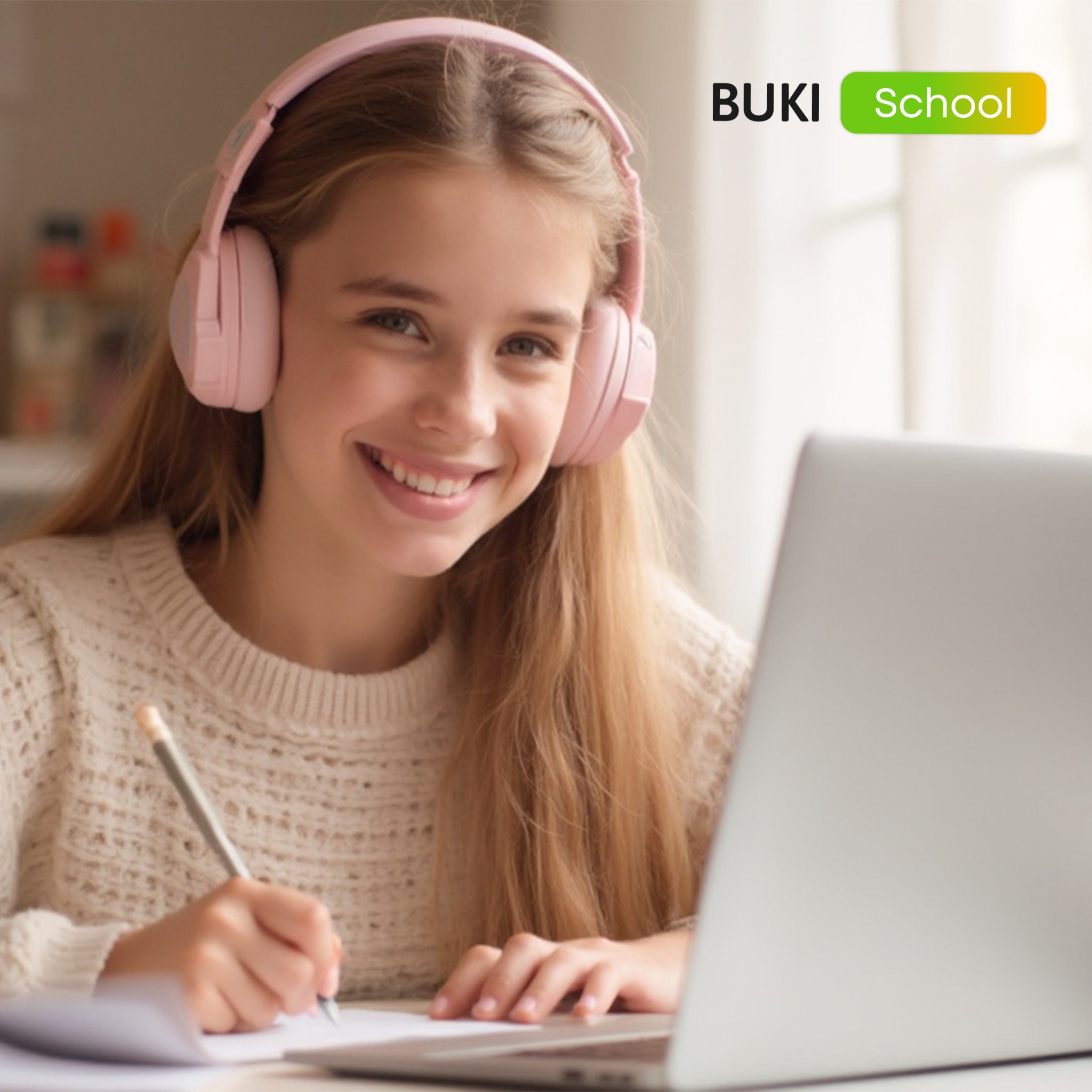 Uśmiechnięta blondynka w różowych słuchawkach pisze przy biurku z laptopem. Logo BUKI School w prawym górnym rogu. Jasne, naturalne światło.
