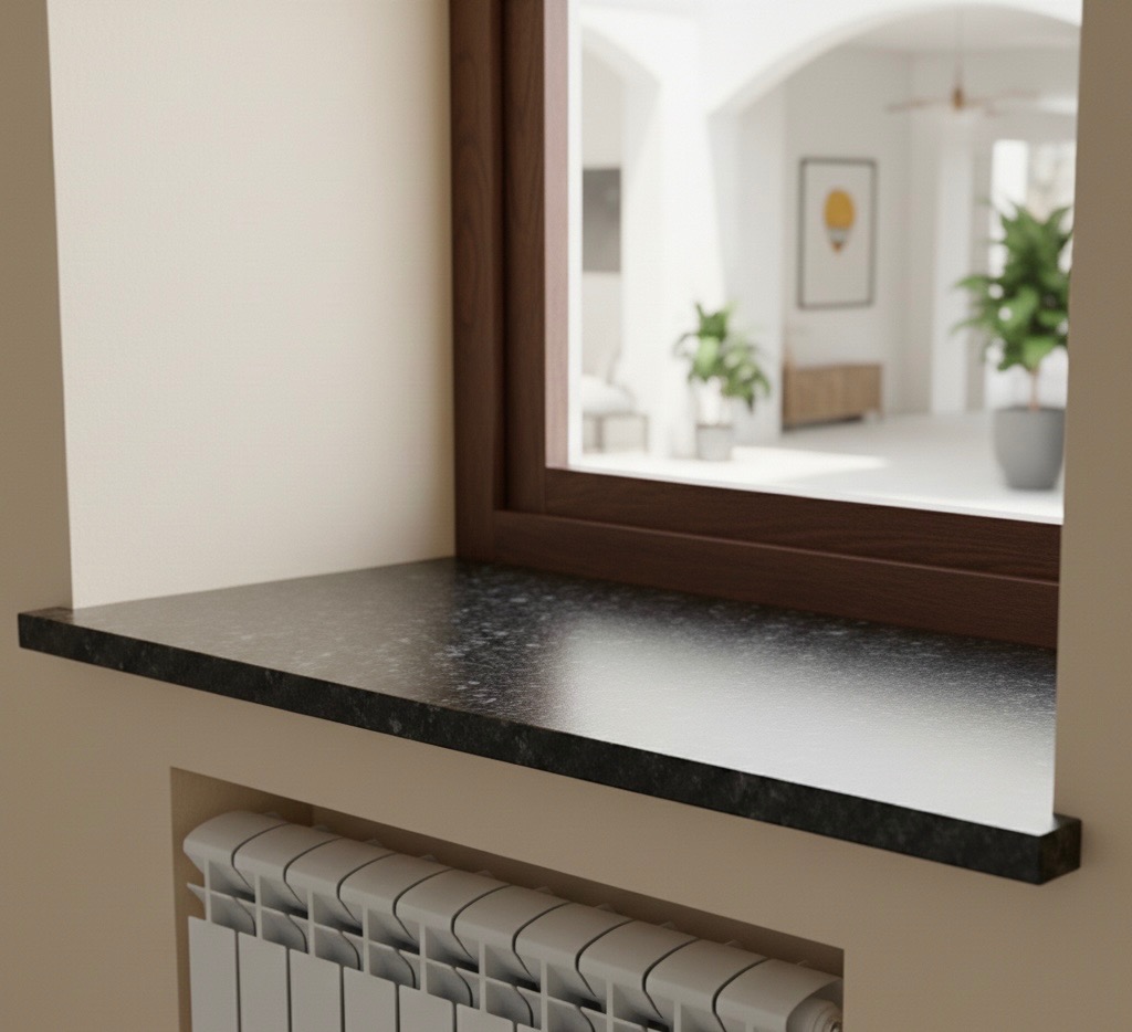 Czarny parapet z konglomeratu, wykończony na wysoki połysk, zamontowany w oknie z brązową ramą. Pod parapetem widoczny biały grzejnik.