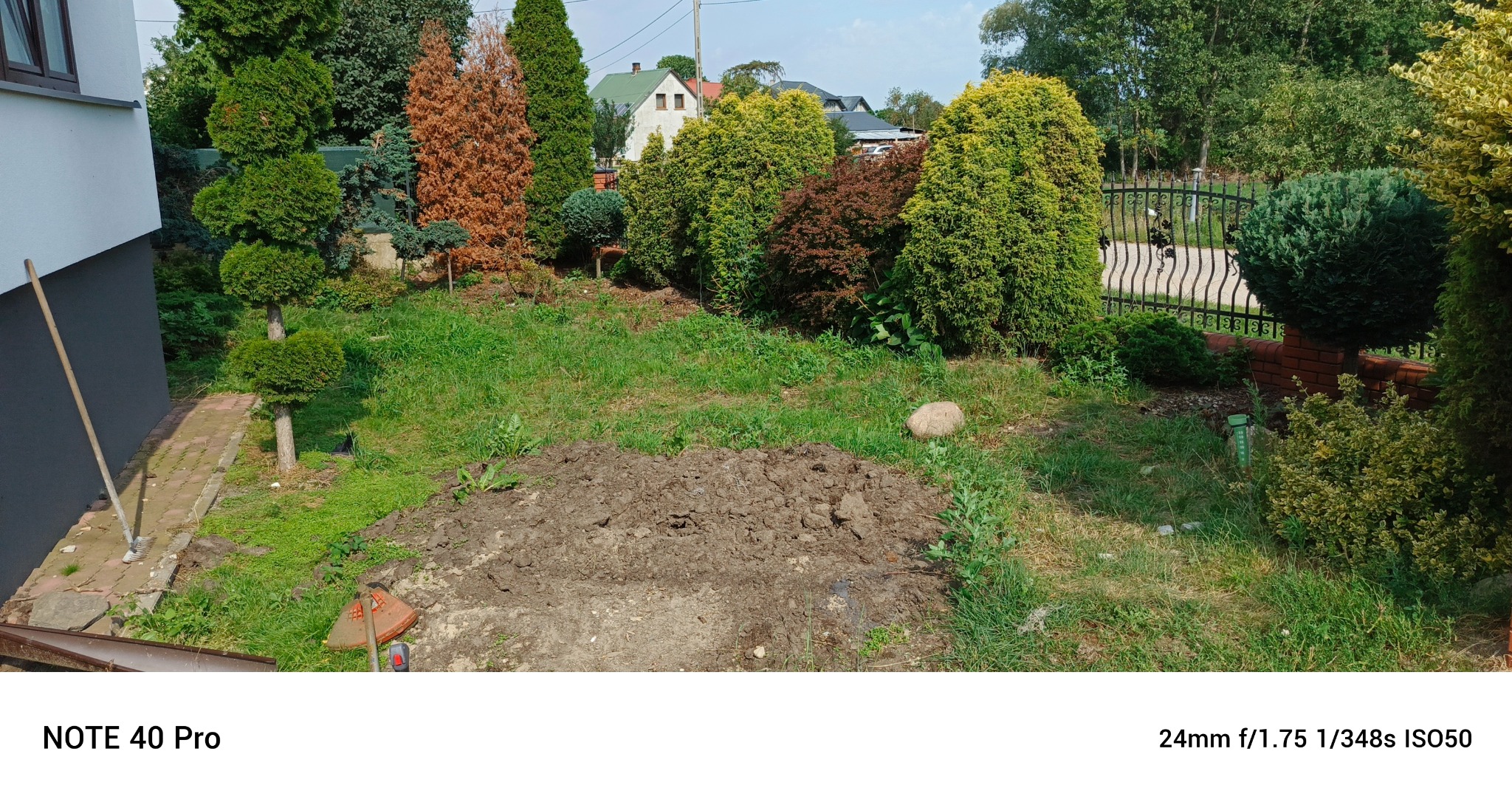 Przygotowany teren pod nasadzenia w ogrodzie z ozdobnymi drzewami i krzewami. Widoczna pryzma ziemi i narzędzia ogrodnicze.