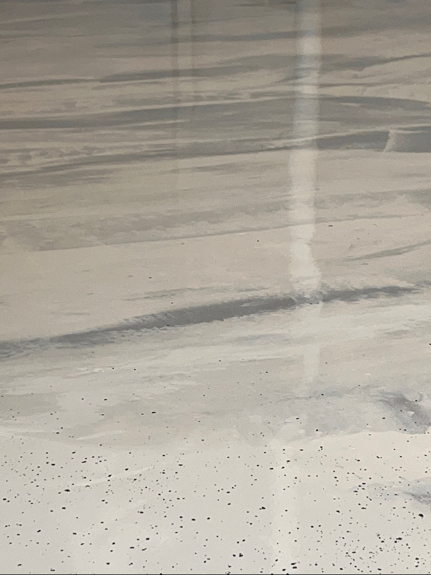 Jasnoszara, błyszcząca posadzka z delikatnym wzorem przypominającym marmur i drobnymi, ciemnymi inkluzjami. Widoczne refleksy światła podkreślają gładką powierzchnię.