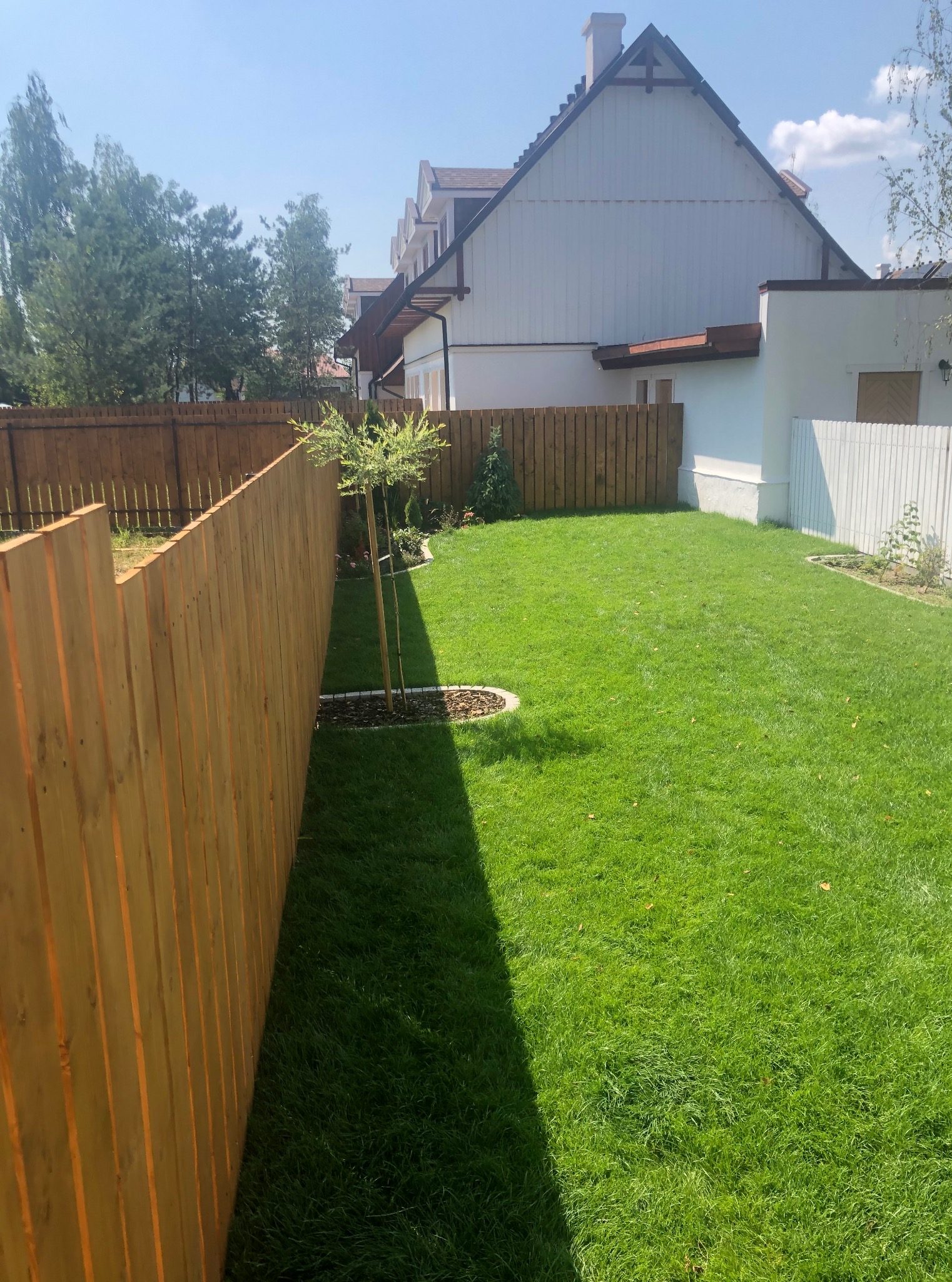 Nowe drewniane ogrodzenie pionowe oddziela zadbany trawnik od sąsiedniej posesji. W tle biały dom z ciemnym dachem i drzewa.