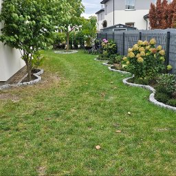 BVM Brykarstvo - Ogród z trawnikiem i rabatami kwiatowymi, obrzeża z szarej kostki, falista linia. W tle dom i ogrodzenie z roślinami. Widok z perspektywy trawnika.