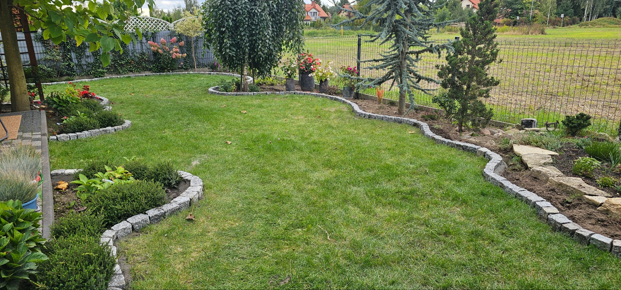 Ogród z równo przystrzyżonym trawnikiem, rabatami kwiatowymi obramowanymi szarą kostką. W tle drzewa i krzewy, ogrodzenie z siatki oraz dom.