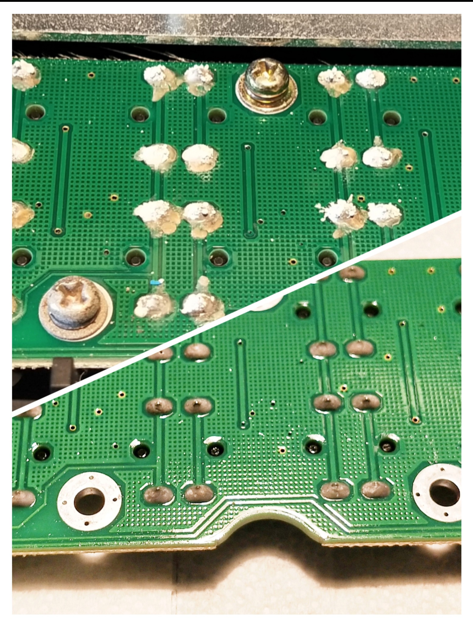Płyta drukowana podzielona ukośną linią: górna część z elementami po lutowaniu, dolna część przed lutowaniem. Widoczne ślady topnika i śrubka.