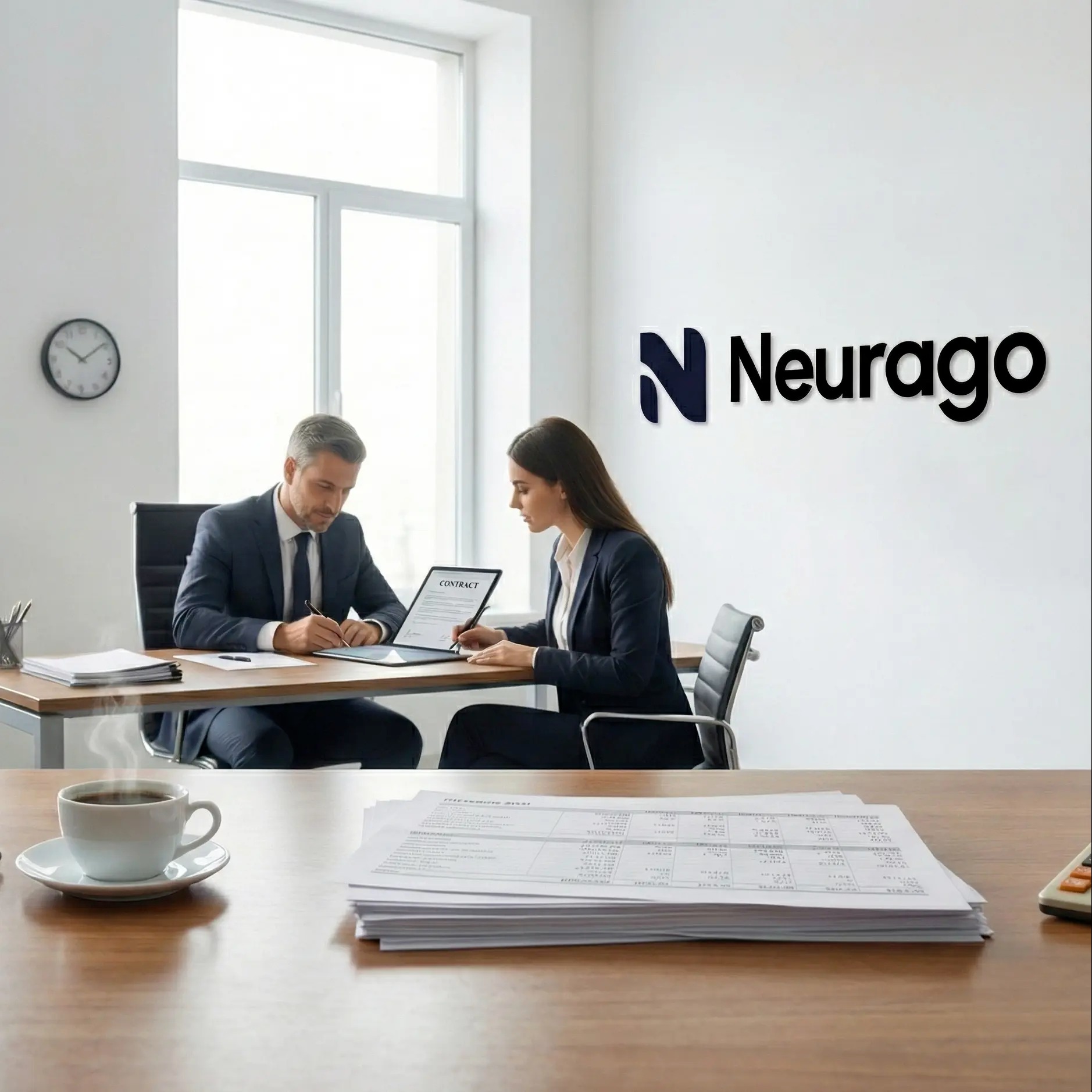 Dwie osoby w garniturach podpisują umowę przy biurku w jasnym biurze z logo Neurago na ścianie. Na pierwszym planie stos dokumentów i filiżanka kawy.