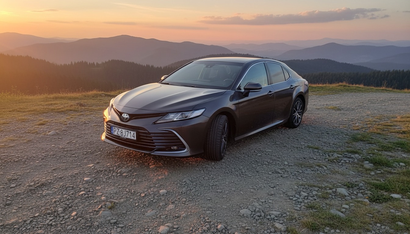 Elegancki, grafitowy sedan na szczycie wzniesienia z widokiem na góry o zachodzie słońca. Auto z widoczną tablicą rejestracyjną, oświetlone ciepłym światłem.