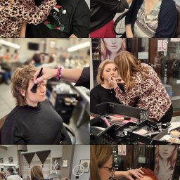 Pink Angels Agata Orlita - Kolaż zdjęć z salonu kosmetycznego: wizażystka w trakcie wykonywania makijażu różnym klientkom. Widoczne kosmetyki, oświetlenie i wyposażenie salonu.