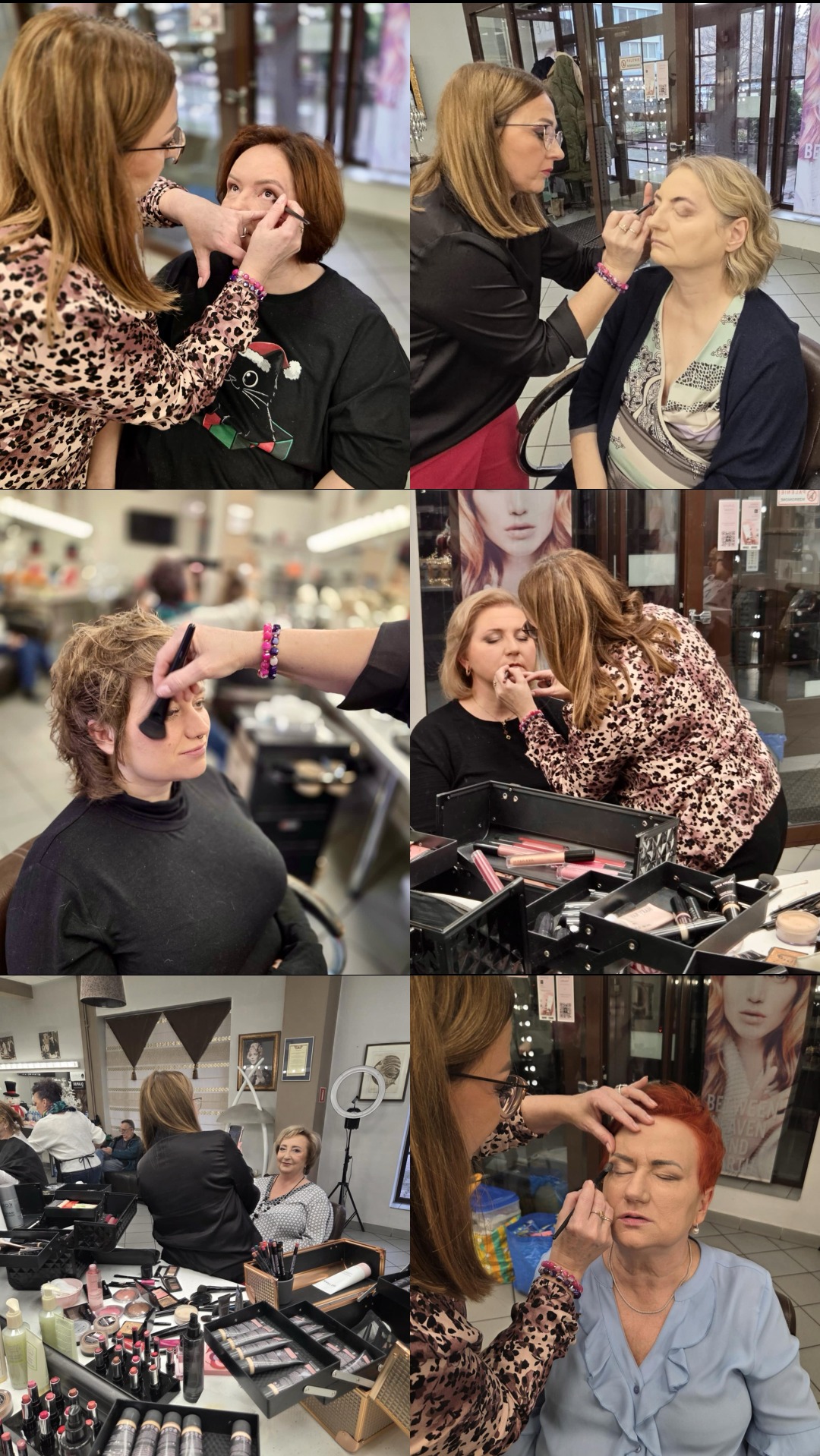 Kolaż zdjęć z salonu kosmetycznego: wizażystka w trakcie wykonywania makijażu różnym klientkom. Widoczne kosmetyki, oświetlenie i wyposażenie salonu.