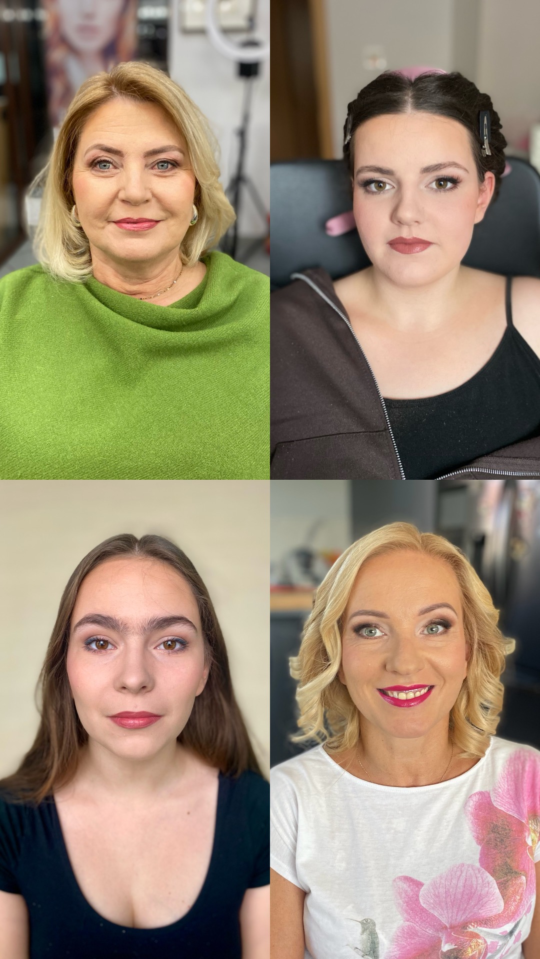 Kolaż czterech portretów kobiet z różnym makijażem: naturalny, wieczorowy, ślubny i dzienny. Różne typy urody i kolory włosów. Profesjonalny makijaż.