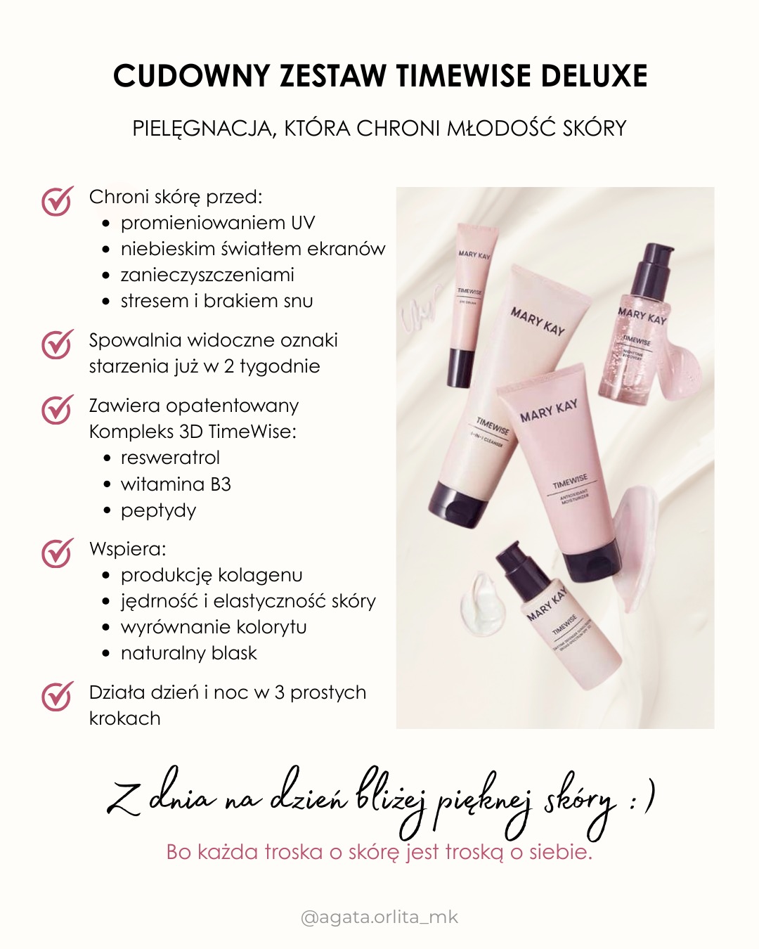 Zestaw kosmetyków Mary Kay TimeWise Deluxe na białym tle z tekstem o pielęgnacji skóry, podkreślającym ochronę przed UV i spowalnianie starzenia.