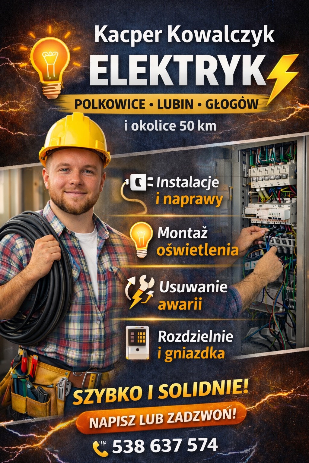Elektryk w kasku, trzymający zwój kabli, na tle rozdzielnicy. Grafika reklamowa z ofertą usług: instalacje, naprawy, montaż oświetlenia, usuwanie awarii, rozdzielnie i gniazdka.