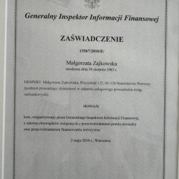 EKSPERT MAŁGORZATA ZAJKOWSKA - Skan zaświadczenia wydanego przez Generalnego Inspektora Informacji Finansowej dla Małgorzaty Zajkowskiej, potwierdzającego ukończenie kursu z zakresu przeciwdziałania praniu pieniędzy.