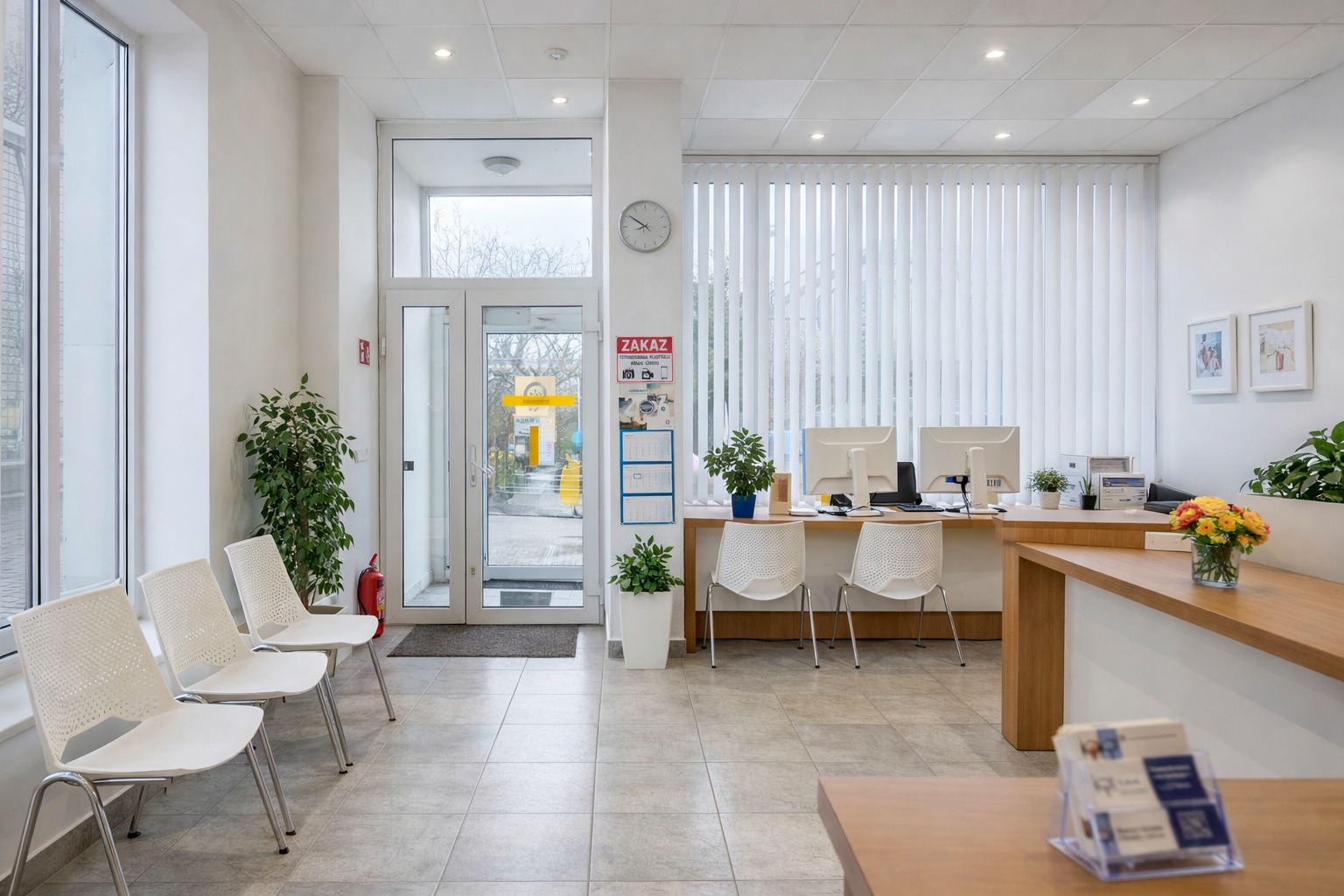 Jasne wnętrze biura z recepcją, białymi krzesłami i roślinami doniczkowymi. Widoczne monitory, rolety pionowe i przeszklone drzwi wejściowe.