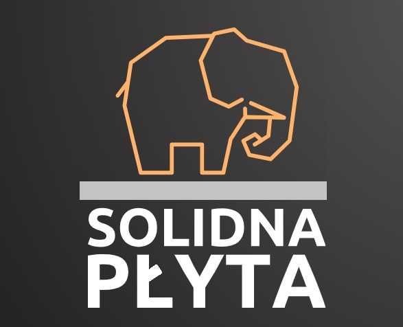 Grafika z geometrycznym słoniem w kolorze pomarańczowym nad napisem 'SOLIDNA PŁYTA' na ciemnoszarym tle. Minimalistyczny design logo.